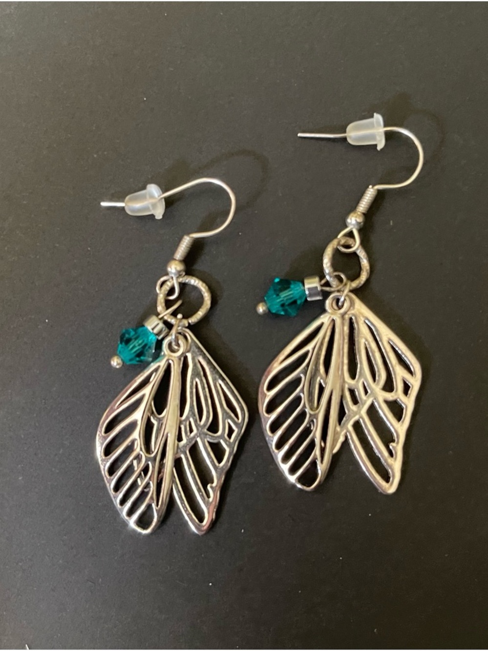 Silver Leaf Dangle Earrings with Teal Crystals - Women Jewelry